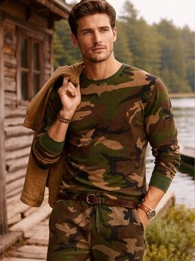 Polo by Ralph Lauren Green Brown Camouflage Long-Sleeve Crewneck Shirt
